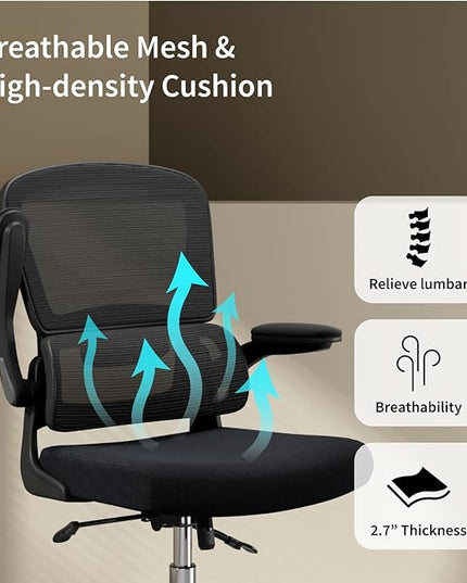 Ergonomic Office Chair, Breathable Mesh Chair with Adjustable Height, Computer Chair with a Double Lumbar Support and Flip-up Arms, Home Office Desk Chair with 90°-130° Tilt Function - LeafyLoom