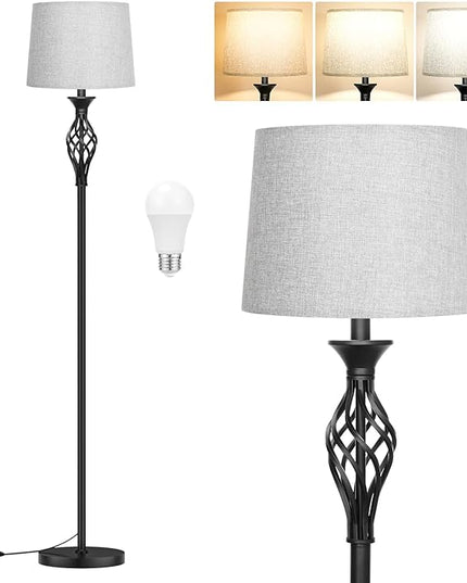Ambimall Floor Lamps for Living Room - 3 Color Temperature Modern Standing Lamp, Farmhouse Black Floor Lamp with Gray Shade, Vintage Tall Light for Bedroom Office Corner(9W Bulb Included) - LeafyLoom
