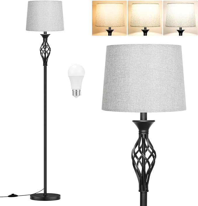 Ambimall Floor Lamps for Living Room - 3 Color Temperature Modern Standing Lamp, Farmhouse Black Floor Lamp with Gray Shade, Vintage Tall Light for Bedroom Office Corner(9W Bulb Included) - LeafyLoom