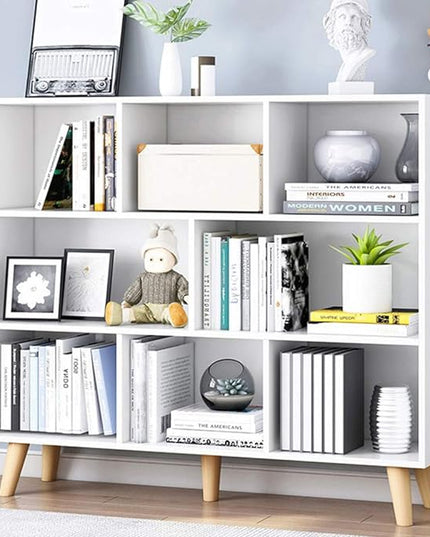 IOTXY Wooden Open Shelf Bookcase - 3-Tier Floor Standing Display Cabinet Rack with Legs, 8 Cubes Bookshelf, Warm White - LeafyLoom