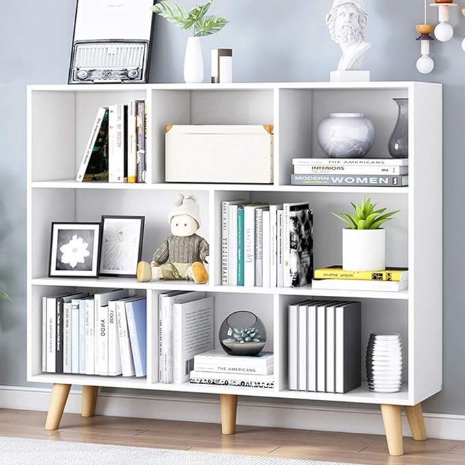 IOTXY Wooden Open Shelf Bookcase - 3-Tier Floor Standing Display Cabinet Rack with Legs, 8 Cubes Bookshelf, Warm White - LeafyLoom