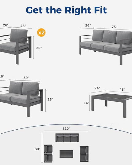 Wisteria Lane Aluminum Outdoor Patio Furniture Set, Modern Patio Conversation Sets, Outdoor Sectional Metal Sofa with 5 Inch Cushion and Coffee Table for Balcony, Garden, Dark Grey - LeafyLoom
