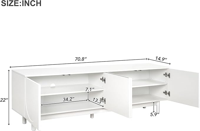 Merax Graceful TV Stand with Arch Cabinets for Televisions Up to 78'', Minimalist Entertainment Center with Solid Wood Legs and Adjustable Shelves, Practical Media Console for Living Room, White - LeafyLoom