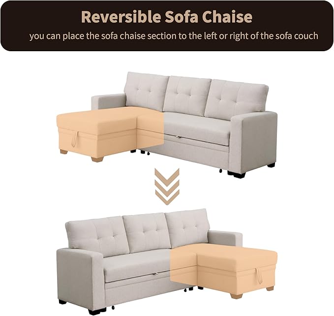 4-in-1 Modular Sofa Bed Convertible Living Room Furniture Sets Upholstered, L Shaped Sectional Comfy Couch with Reversible Storage Chaise for Apartment, Studio, Office, Beige-2 - LeafyLoom