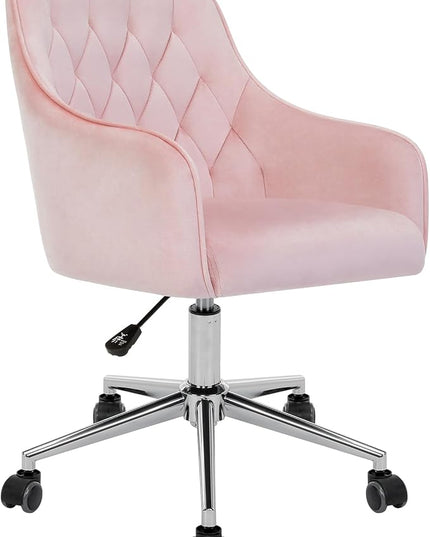 Velvet Desk Chair Vanity Chair for Makeup with Wheels and Back Home Office Chair Adjustable Rolling Swivel Chair for Bedroom Vanity Room Pink - LeafyLoom