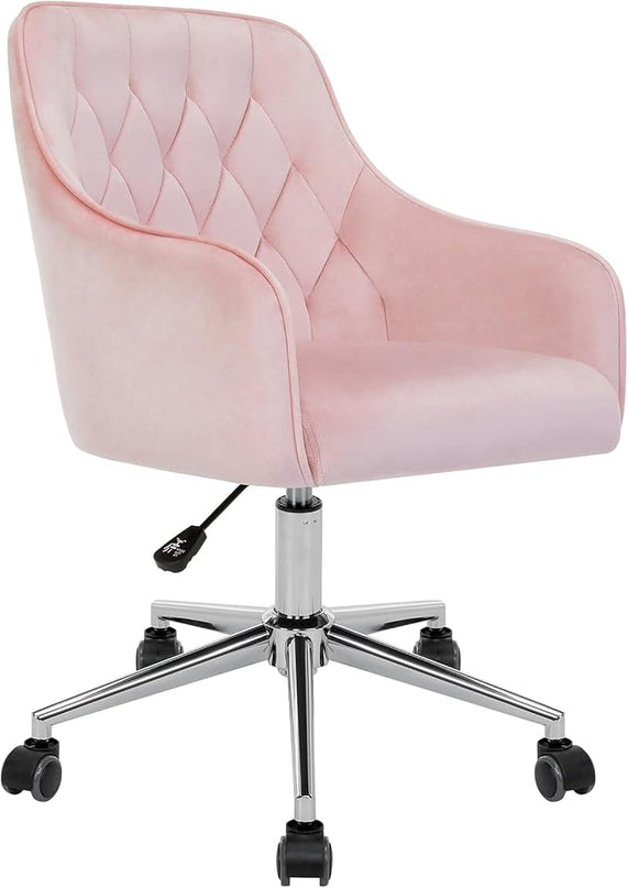 Velvet Desk Chair Vanity Chair for Makeup with Wheels and Back Home Office Chair Adjustable Rolling Swivel Chair for Bedroom Vanity Room Pink - LeafyLoom