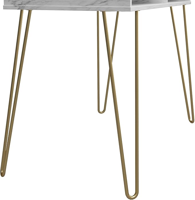 Novogratz Athena Computer Desk with Storage, White Marble - LeafyLoom