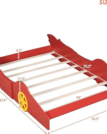 Car Shaped Toddler Bed with Wheels,Racecar Platform Beds W/Safety Guardrail,Slats Support,Stylish Design,Easy Assembly,Wood Full Bedframe for Boys Toddlers Kids Teens Bedroom,Red - LeafyLoom
