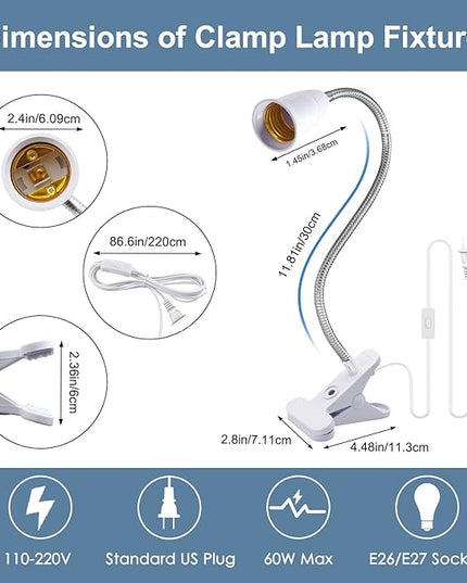 Clip Lamp Holder,Flexible Aluminum Neck Clamp Lights,360°Adjustable Clamp Light Socket,E26/E27 Clamp Light Fixture with 220CM Switch and Plug Cable,Clip Desk Lamp Holder for Study Work Reading,No Bulb - LeafyLoom
