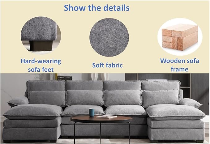 Symmetrical U Shaped Modular Sectional Sofa Cloud Couch, 6 Seater Oversized Convertible Sleeper Couch with Double Chaise & Memory Foam, Deep Seat Corner Sofa&Couches for Living Room Office - LeafyLoom
