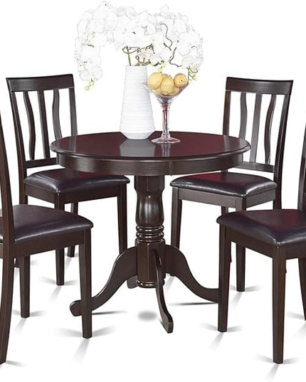 East West Furniture Antique 5 Piece Room Furniture Set Includes a Round Kitchen Table with Pedestal and 4 Faux Leather Upholstered Dining Chairs, 36x36 Inch, ANTI5-CAP-LC - LeafyLoom