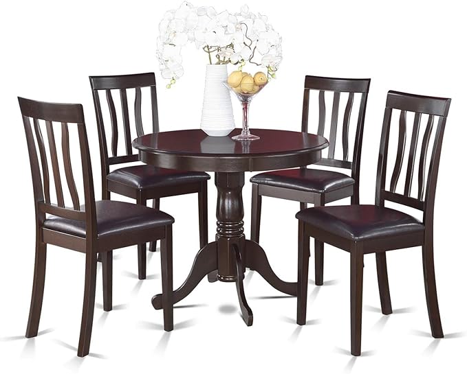 East West Furniture Antique 5 Piece Room Furniture Set Includes a Round Kitchen Table with Pedestal and 4 Faux Leather Upholstered Dining Chairs, 36x36 Inch, ANTI5-CAP-LC - LeafyLoom
