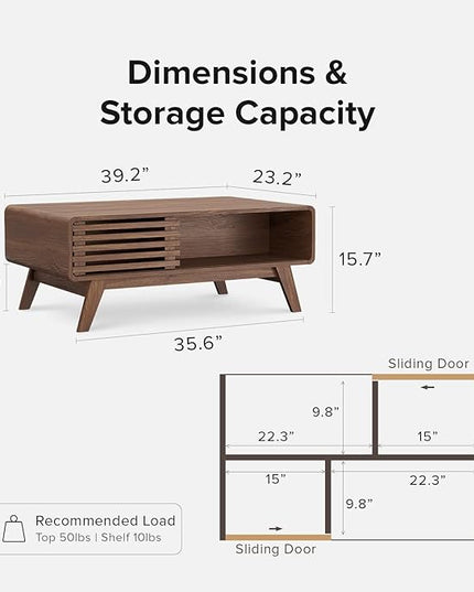 mopio Ensley Coffee Table, Mid Century Modern Table with Storage, Farmhouse Wood Coffee Table for Living Room Fluted (Walnut) - LeafyLoom