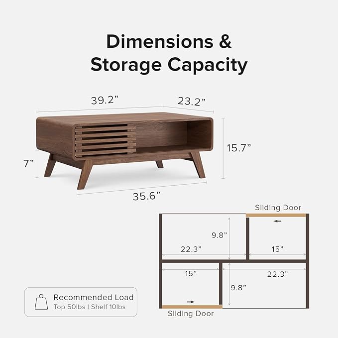 mopio Ensley Coffee Table, Mid Century Modern Table with Storage, Farmhouse Wood Coffee Table for Living Room Fluted (Walnut) - LeafyLoom