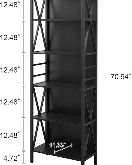 HOMISSUE Bookshelf, 6-Tier Bookshelf, Rustic Wood Metal Bookshelves and Bookcases, Freestanding Open Bookshelf, Industrial Tall Bookcase for Home Office, Living Room and Bedroom, Black - LeafyLoom