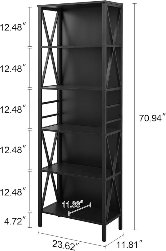 HOMISSUE Bookshelf, 6-Tier Bookshelf, Rustic Wood Metal Bookshelves and Bookcases, Freestanding Open Bookshelf, Industrial Tall Bookcase for Home Office, Living Room and Bedroom, Black - LeafyLoom