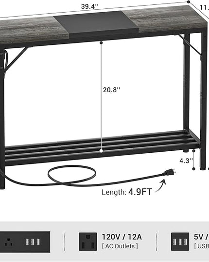 Narrow Console Table with Power Strips, Sofa Table with Storage Shelves for Living Room, 2-Tier Foyer Table for Entryway, Hallway, Behind Couch, Kitchen Counter, 39'', Grey Oak & Black - LeafyLoom