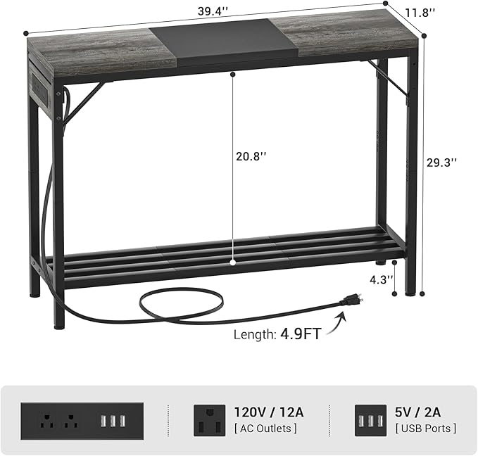 Narrow Console Table with Power Strips, Sofa Table with Storage Shelves for Living Room, 2-Tier Foyer Table for Entryway, Hallway, Behind Couch, Kitchen Counter, 39'', Grey Oak & Black - LeafyLoom