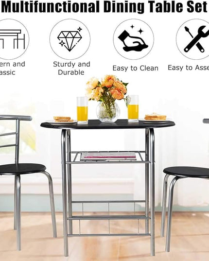 DORTALA 3PCS Dining Table Set, 1 table & 2 chairs set, 3 Piece Compact Dining Set, Oval Table & Mid-back Chairs w/Built-in Wine Rack, Suitable for Small Space, Black & Silver - LeafyLoom