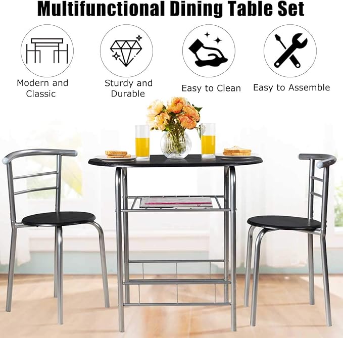 DORTALA 3PCS Dining Table Set, 1 table & 2 chairs set, 3 Piece Compact Dining Set, Oval Table & Mid-back Chairs w/Built-in Wine Rack, Suitable for Small Space, Black & Silver - LeafyLoom