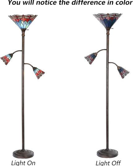 Bieye L10837 Dragonfly Tiffany Style Stained Glass Torchiere Floor Lamp with Sidelights for Reading, 70-inches Tall (Dragonfly, Red Blue) - LeafyLoom