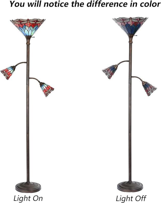 Bieye L10837 Dragonfly Tiffany Style Stained Glass Torchiere Floor Lamp with Sidelights for Reading, 70-inches Tall (Dragonfly, Red Blue) - LeafyLoom