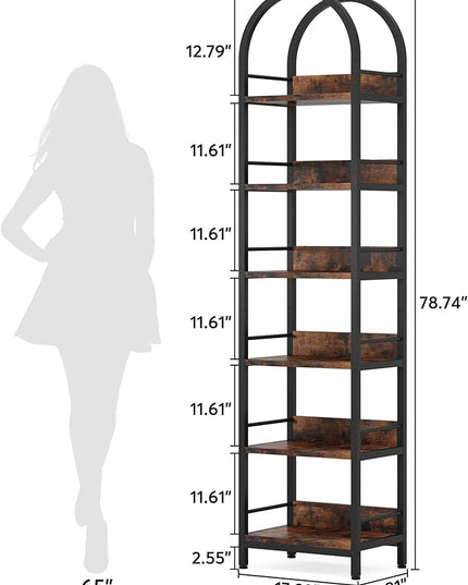 78.7 Inches Tall Arched Bookshelf, 6 Tiers Skinny Open Bookcase with Metal Frame, Freestanding Corner Display Shelves Rack for Living Room, Home Office, Brown - LeafyLoom