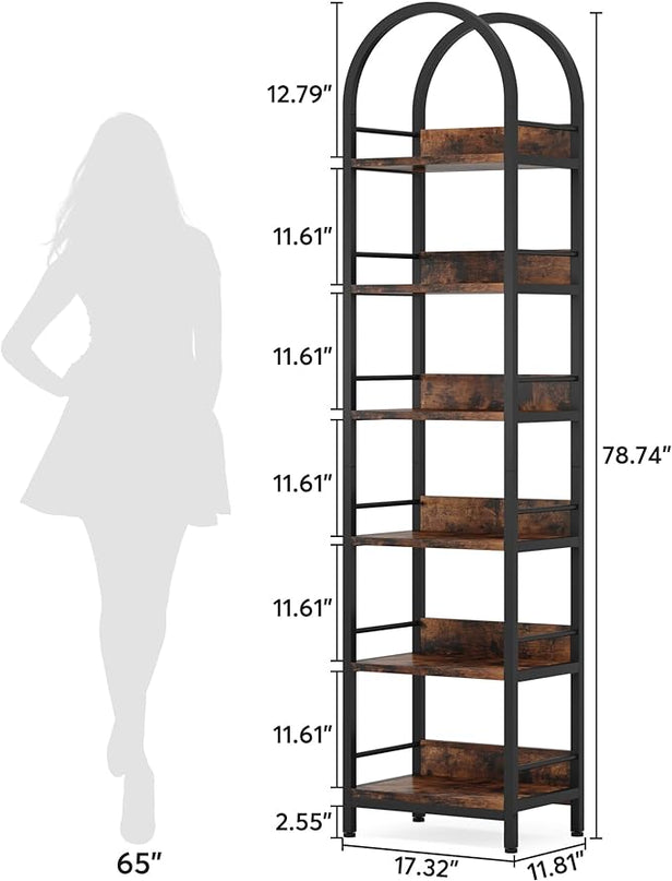 78.7 Inches Tall Arched Bookshelf, 6 Tiers Skinny Open Bookcase with Metal Frame, Freestanding Corner Display Shelves Rack for Living Room, Home Office, Brown - LeafyLoom