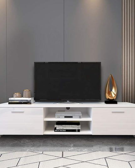 63" TV Stand with Open Shelves, Television Stands for TVs Up to 70", Media Console Entertainment Center Television Table with 2 Storage Cabinet for Living Room, Bedroom, White - LeafyLoom