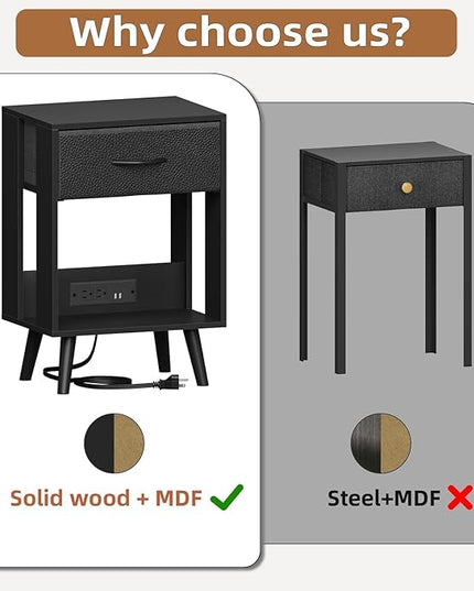 Nightstand with Charging Station and Fabric Drawer, Side Table with Storage for Bedroom, Night Stand with Open Wood Shelf for Bedroom, Bedside Tables - Black - LeafyLoom