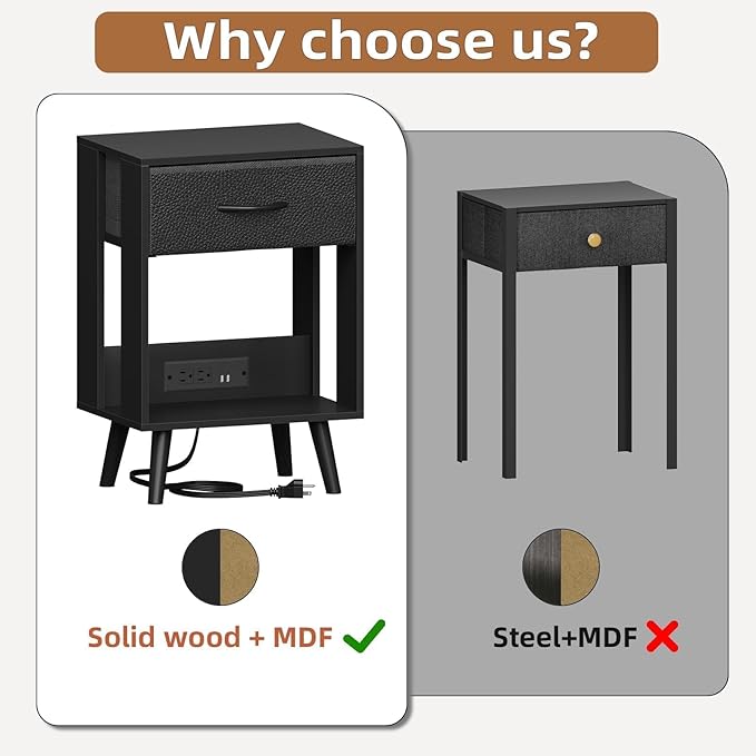 Nightstand with Charging Station and Fabric Drawer, Side Table with Storage for Bedroom, Night Stand with Open Wood Shelf for Bedroom, Bedside Tables - Black - LeafyLoom