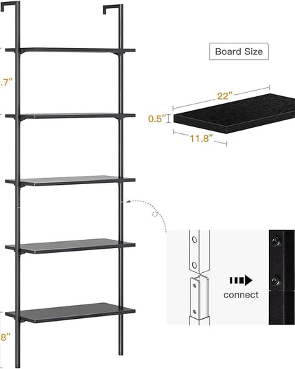 ODK 5-Tier Ladder Shelf, 74 Inches Wall Mounted Ladder Bookshelf with Metal Frame, Open Industrial Shelves for Home Office, Bedroom and Living Room, Black - LeafyLoom