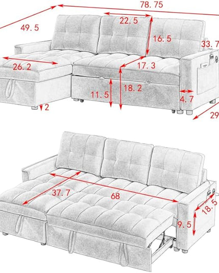 Chenille Convertible Sleeper Sectional Sofa with Reversible Storage Chaise and Pull Out Couch Bed , L Shaped Corner Sofabed with USB and tape-c Charging Ports for Living Room Office Small Places - LeafyLoom