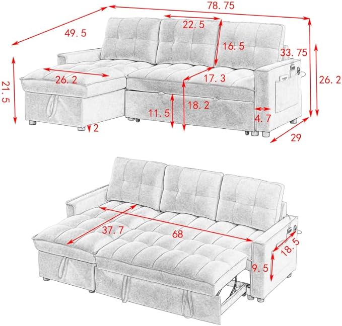 Chenille Convertible Sleeper Sectional Sofa with Reversible Storage Chaise and Pull Out Couch Bed , L Shaped Corner Sofabed with USB and tape-c Charging Ports for Living Room Office Small Places - LeafyLoom