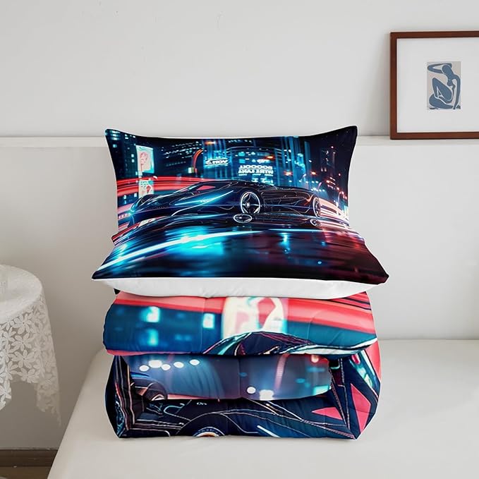 Feelyou City Racing Car Bedding Set King Size for Kids Boys Extreme Sport Games Comforter Set Teens Toddler Fast and Furious Duvet Set Cool Modern Quilt Set 3Pcs - LeafyLoom