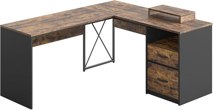 Bestier L Shaped Desk with Drawers, 55 inch Office L Desk with Reversible File Drawer, Industrial Wood Computer Desk with Monitor Stand (Rustic Brown) - LeafyLoom