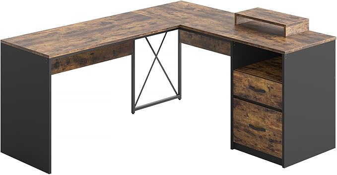 Bestier L Shaped Desk with Drawers, 55 inch Office L Desk with Reversible File Drawer, Industrial Wood Computer Desk with Monitor Stand (Rustic Brown) - LeafyLoom