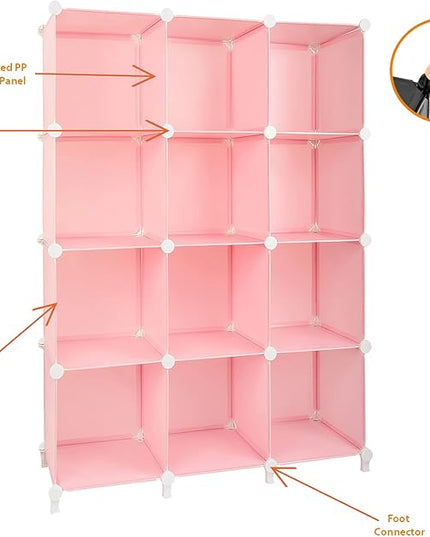 Gold Armour Cube Storage 12-Cube Bookshelf Closet Organizer Storage Shelves Cubes Organizer Plastic Square Book Shelf Bookcase DIY Closet Cabinet Organizer Shelving for Home Office Bedroom (Pink) - LeafyLoom