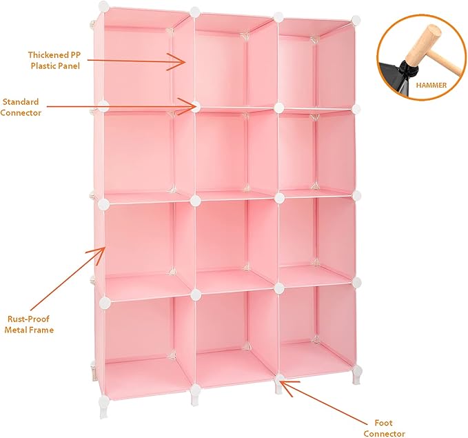 Gold Armour Cube Storage 12-Cube Bookshelf Closet Organizer Storage Shelves Cubes Organizer Plastic Square Book Shelf Bookcase DIY Closet Cabinet Organizer Shelving for Home Office Bedroom (Pink) - LeafyLoom