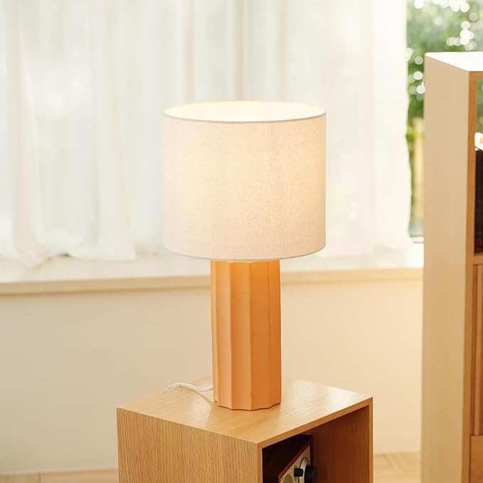 Globe Electric 61000062 20" Ribbed Ceramic Table Lamp, Matte Terracotta Finish, White Linen Shade, On/Off Rotary Switch on Socket, for Living Room, Bedroom, Office, Home Décor - LeafyLoom