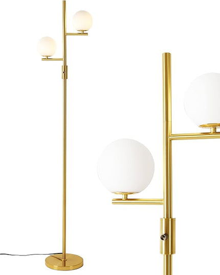 Dimming Floor Lamp with 2 Sphere Frosted Glass Globes,Mid-Century Gold Standing Lamp for Living Room, Bedroom, Office(Gold) - LeafyLoom