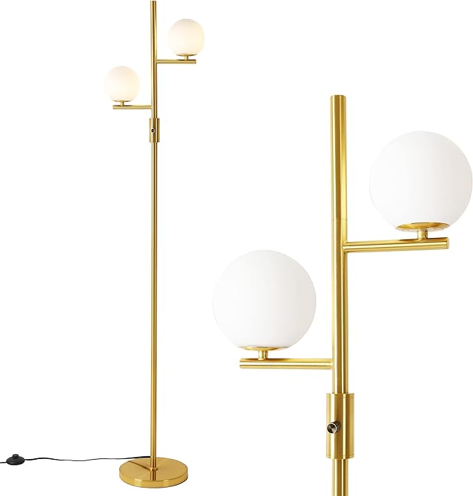 Dimming Floor Lamp with 2 Sphere Frosted Glass Globes,Mid-Century Gold Standing Lamp for Living Room, Bedroom, Office(Gold) - LeafyLoom