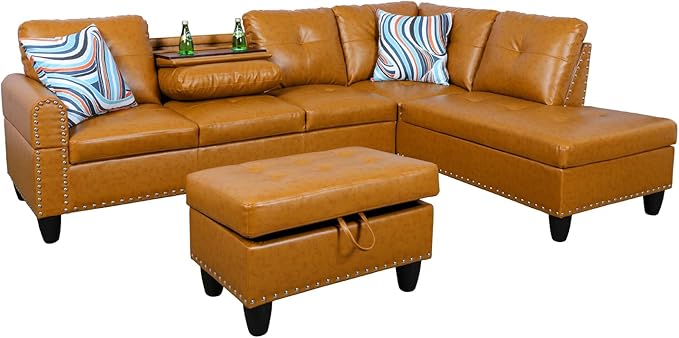 ROOMTEC L Shaped Sectional Sofa with Storage Ottoman, Right Facing Chaise Longue, Reversible Backrest w/ 2 Cup Holders, Semi PU Synthetic Leather Tufted Cushions, for Living Room, Ginger - LeafyLoom