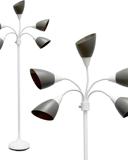 Simple Designs LF2006-GOW 67" Contemporary Multi Head Medusa 5 Light Adjustable Gooseneck White Floor Lamp with Gray Shades for Kids Bedroom Playroom Living Room Office - LeafyLoom