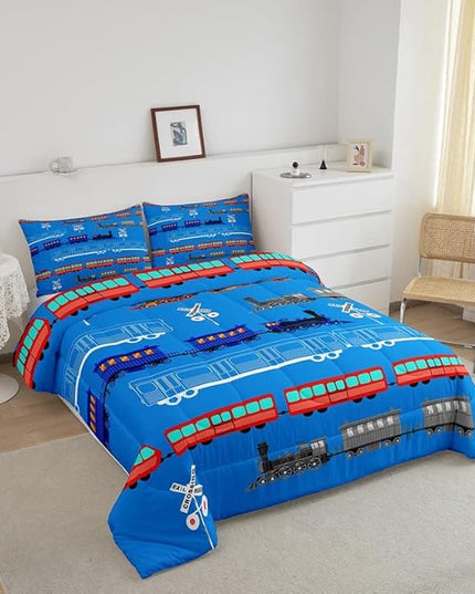 Feelyou Cartoon Car Comforter Set for Kids Boys Girls Vintage Car Comforter Train Bedding Set Bedroom Decor Retro Steam Train Blue Light Sign Duvet Set Twin Size Quilt Set 2Pcs - LeafyLoom