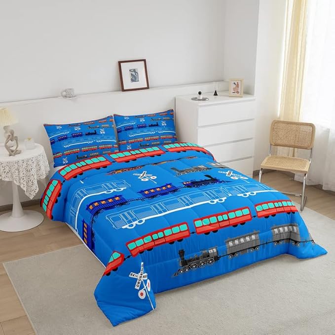 Feelyou Cartoon Car Comforter Set for Kids Boys Girls Vintage Car Comforter Train Bedding Set Decor Retro Steam Train Blue Light Sign Duvet Set King Size Quilt 3Pcs Boys - LeafyLoom