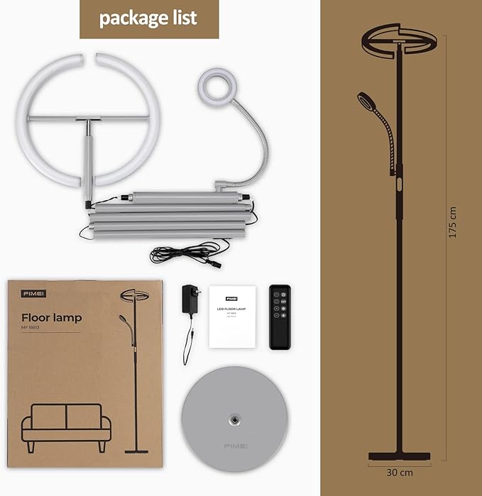 FIMEI Split Floor Lamp with Reading Light, Modern Bright LED Rotatable Standing Lamp with Stepless Dimming and 3000K-6000K Color for Living Room Bedroom Office, Touch and Remote Control, Gray - LeafyLoom