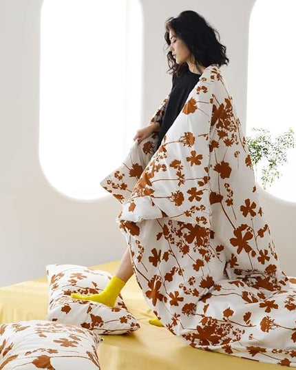 Botanical Comforter Queen White Pumpkin Floral Plant Bedding Comforter Set Girls Garden Pattern Printed on White Blanket Rustic Leaf Blossom Women White Farmhouse Comforter Queen - LeafyLoom
