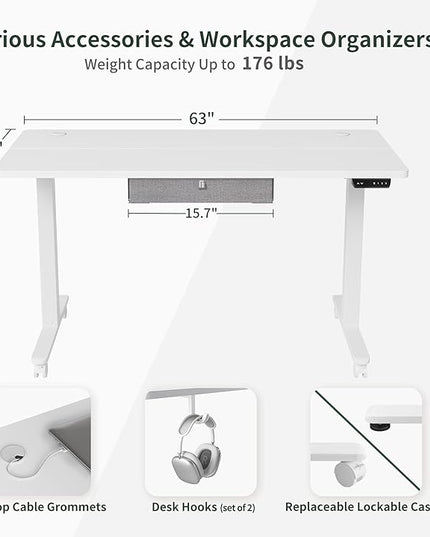 FEZIBO 63 x 24 Inches Standing Desk with Drawer, Adjustable Height Electric Stand up Desk with Storage, Sit Stand Home Office Desk, Ergonomic Computer Desk, White - LeafyLoom