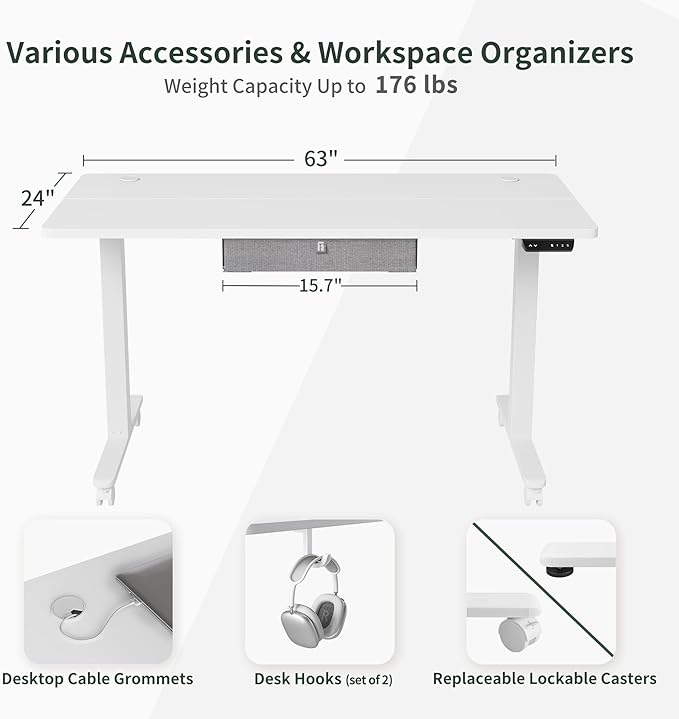 FEZIBO 63 x 24 Inches Standing Desk with Drawer, Adjustable Height Electric Stand up Desk with Storage, Sit Stand Home Office Desk, Ergonomic Computer Desk, White - LeafyLoom
